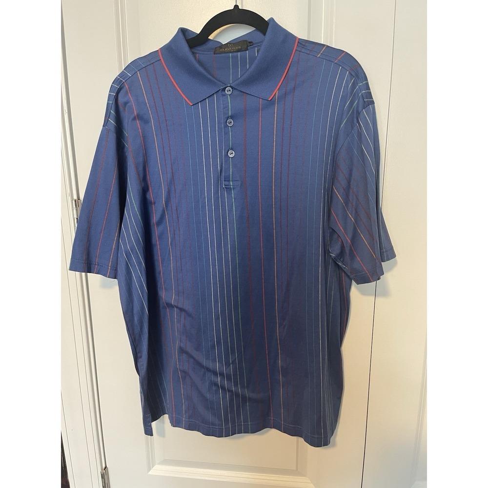 Bugatchi Men's Polo Shirt Blue With Colorful Vertical Stripes‎ Size Large